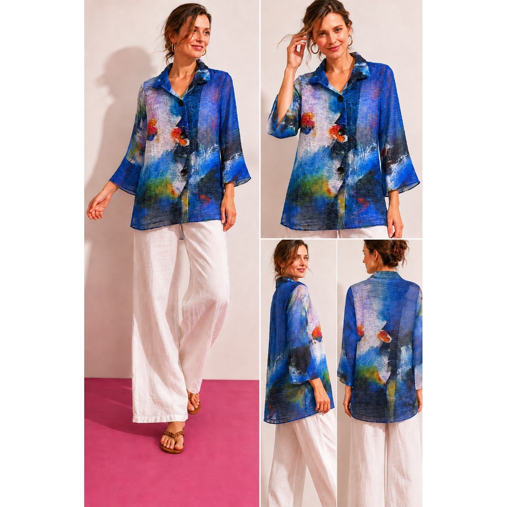 Damee Abstract Art to Wear Sheer Textured Button Up Jacket Topper Blue Medium - Picture 10 of 12